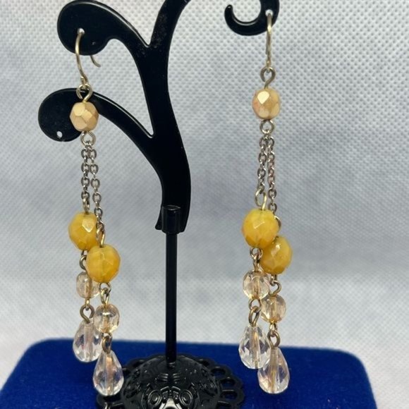 Dangle beaded earrings , double strand  gold and clear beads - Picture 2 of 3